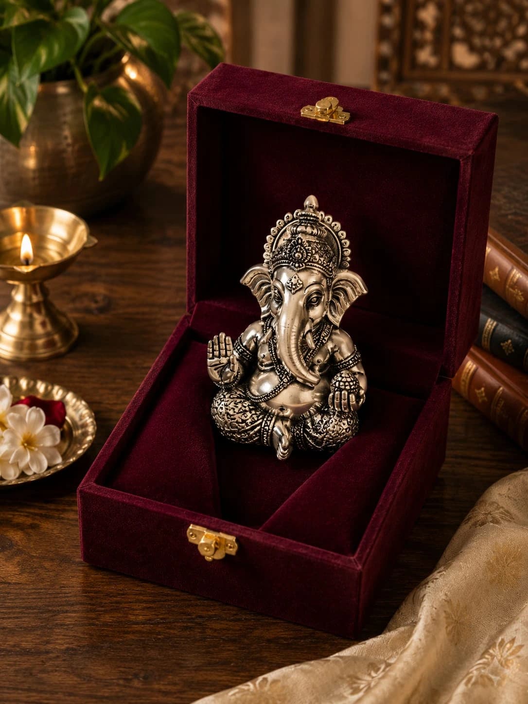 Silver Ganesh idol presented in a premium velvet gift box