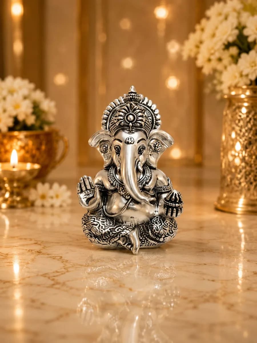 Silver Ganesh idol placed at home with diyas and flowers