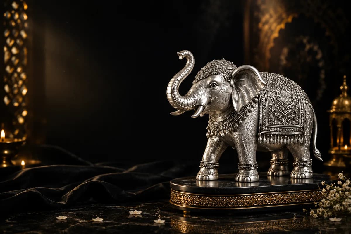 Royal silver elephant showpiece on a temple-style backdrop