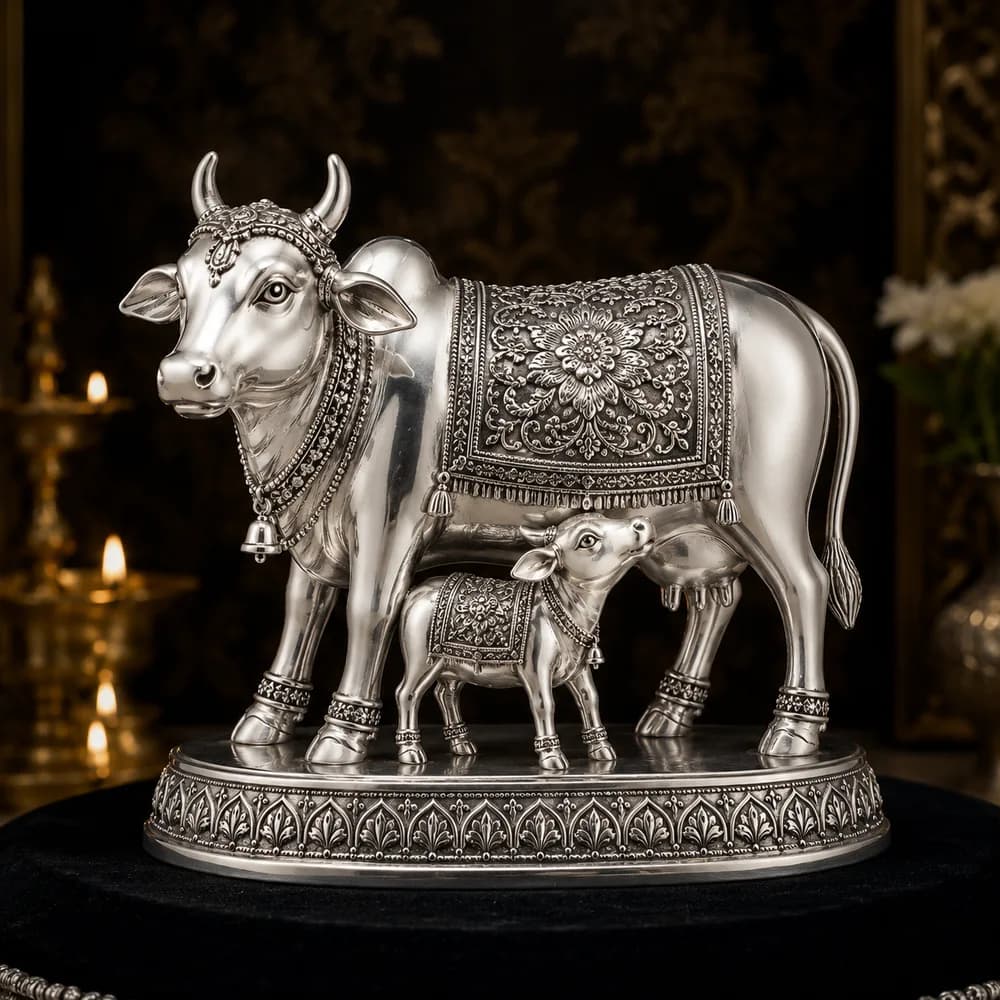 Kamdhenu Cow & Calf silver idol